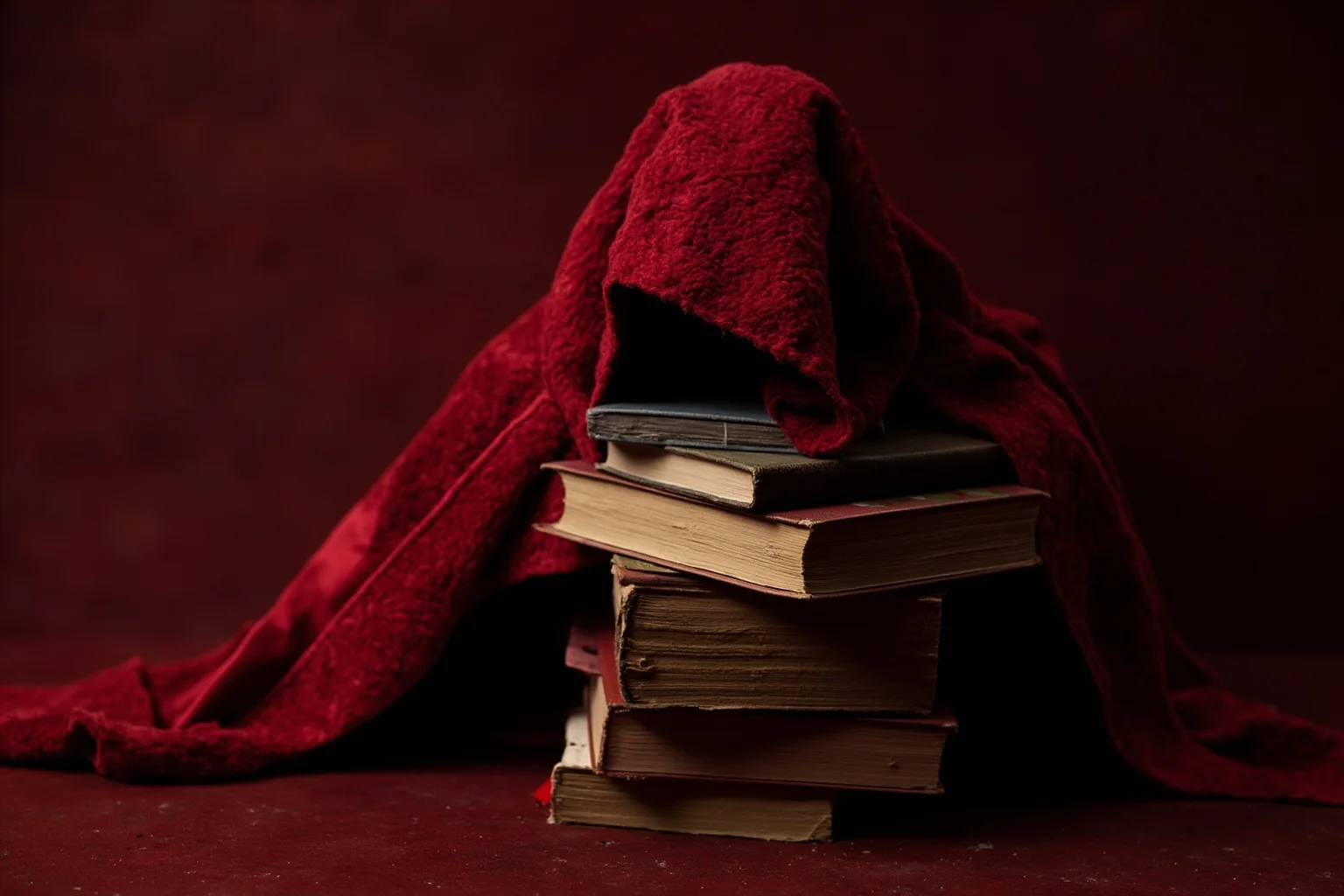 A deep red cloak draped dramatically over a stack of books, illustrative dystopian style