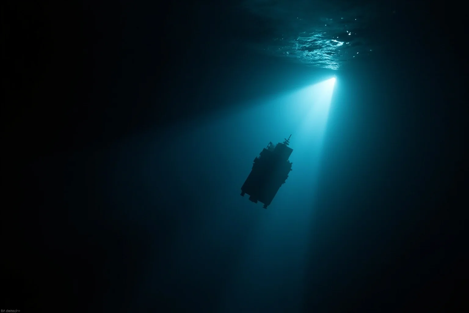 22 Ocean Mysteries We Still Haven't Solved 9 A deep-sea submersible descending through dark trench water lit by a single beam of light