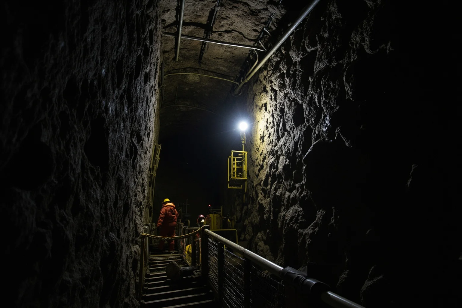 A deep underground mine shaft lit by dim work lights with rescue equipment nearby
