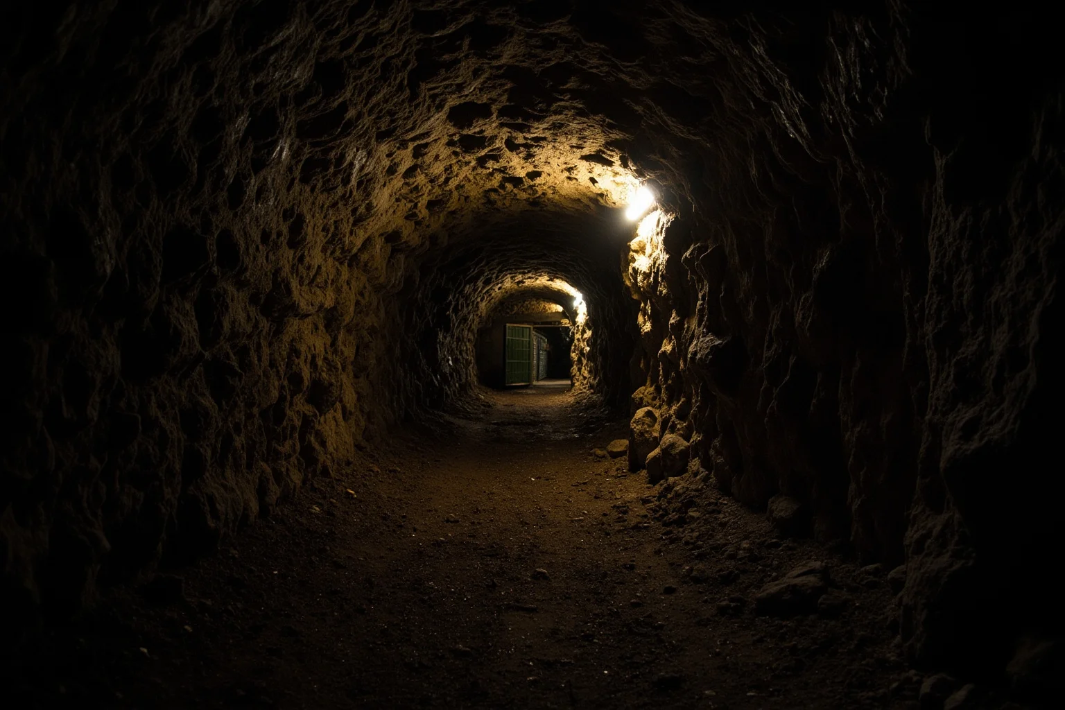 A deep underground mine tunnel with dim emergency lighting and rocky walls