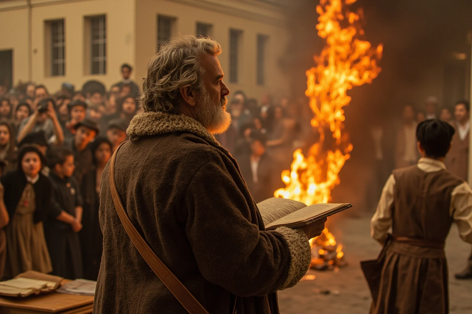 Philosophers Everyone's Heard Of, and 20 Everyone Forgot About 17 A defiant 17th-century philosopher watching pages burn in a public square, onlookers in period dress nearby