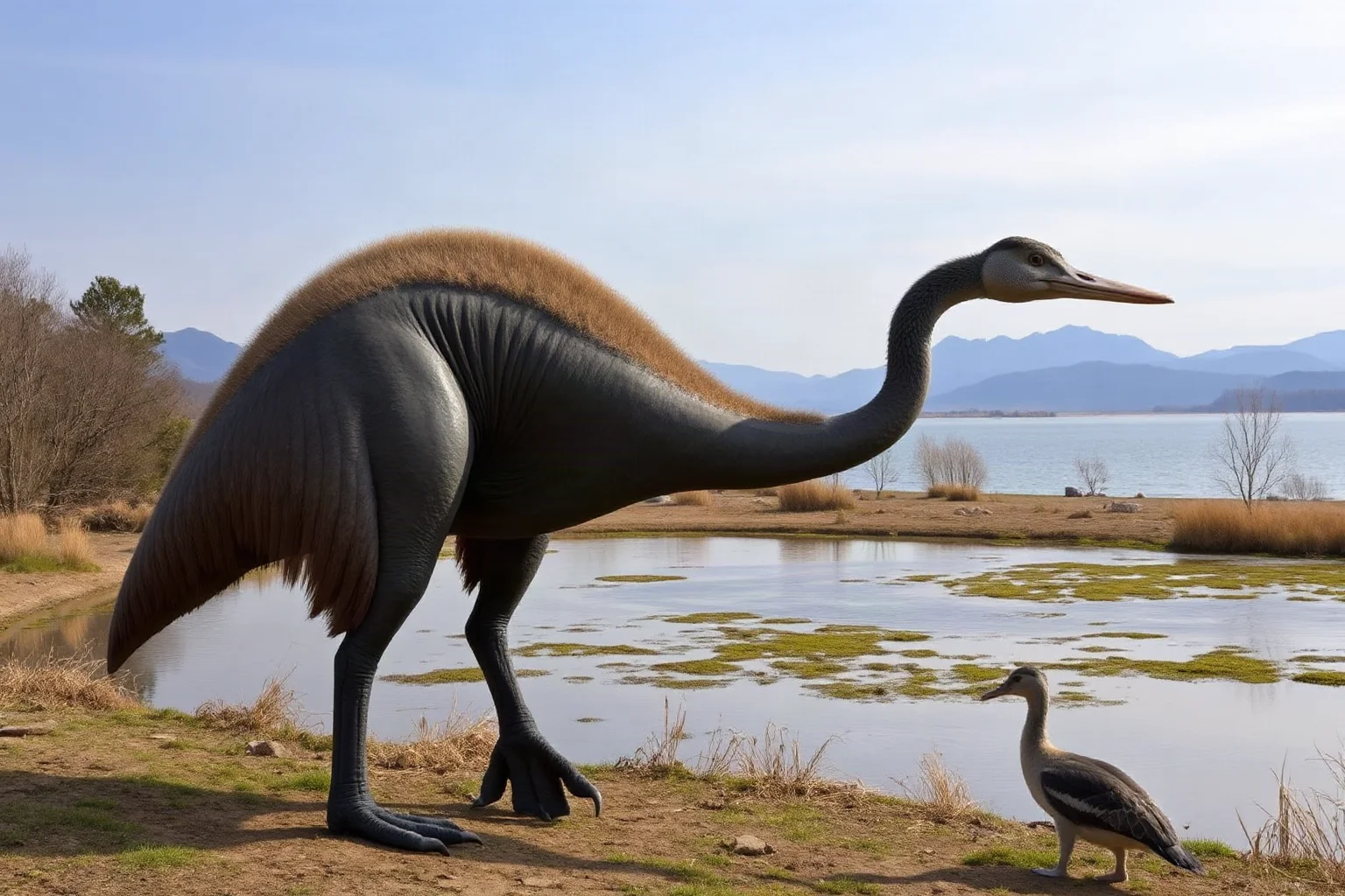 A Deinocheirus with a humpbacked body and duck-like bill standing near a lake