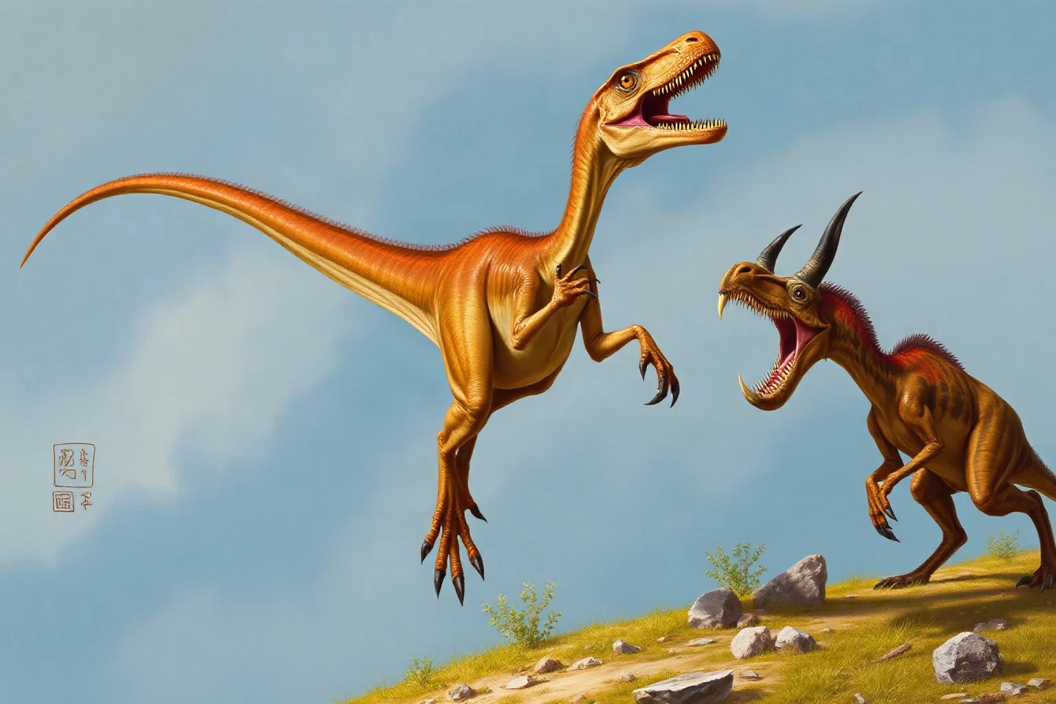 A Deinonychus leaping with its sickle claw raised toward a larger herbivore, dynamic action, realistic paleoart style