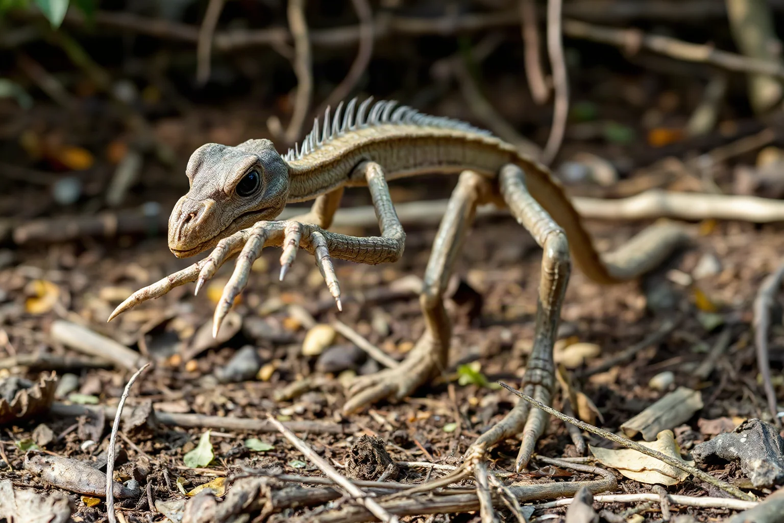 A Deinonychus with a large curved foot claw crouched and alert in dry woodland