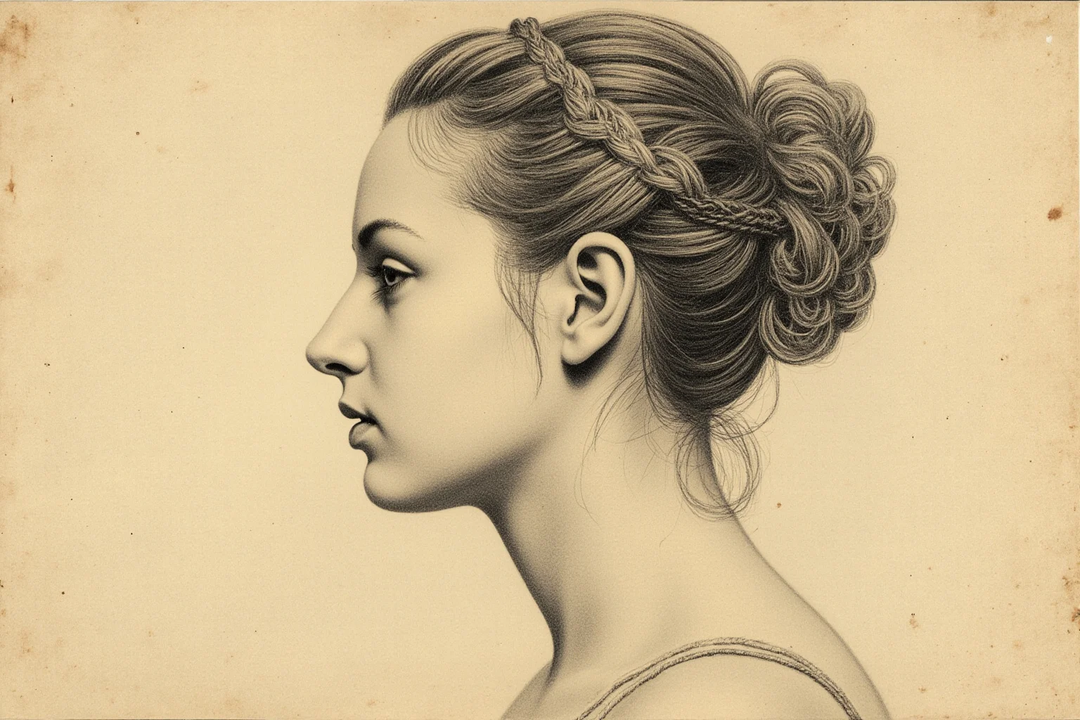 A delicate chalk portrait of a young woman in profile with an elaborate braided hairstyle on aged parchment
