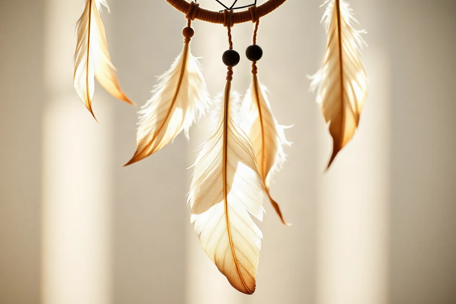 A delicate handmade dreamcatcher with feathers hanging in soft morning light, close-up illustration style