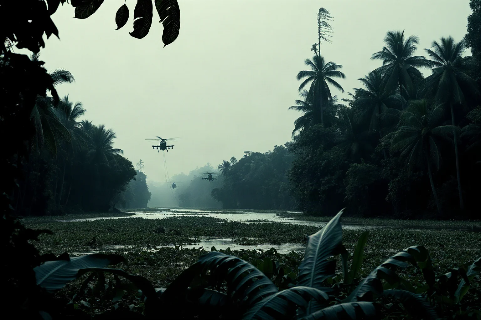 A dense jungle river landscape with a distant silhouette of military helicopters, somber muted tones, symbolic and non-graphic.