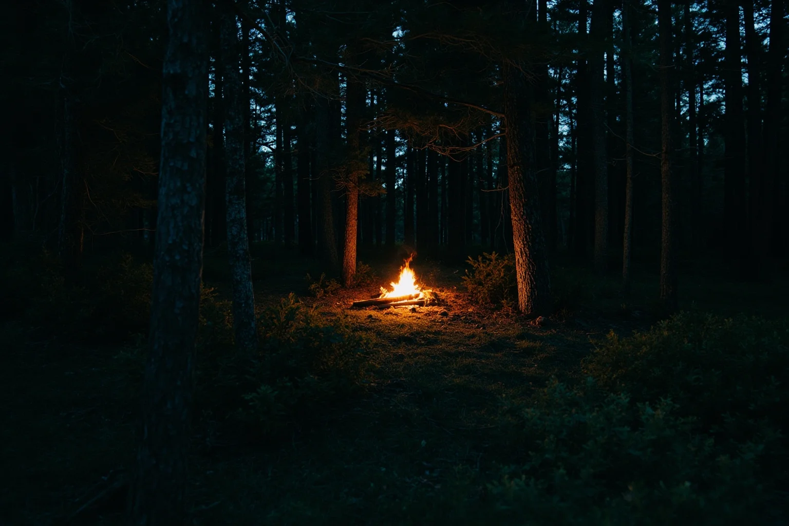 A dense pine thicket clearing with a hidden campfire and blanket roll, deep woods atmosphere
