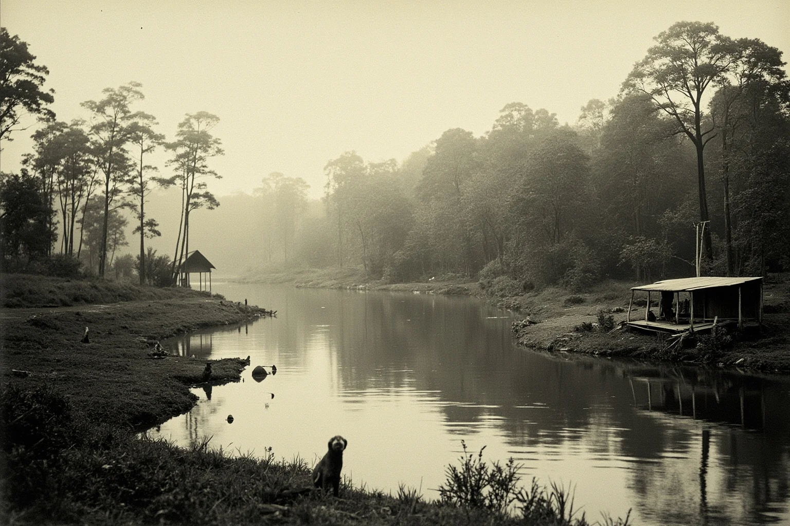 23 Worst Things That Ever Happened in History 6 A dense river landscape in Central Africa with a colonial-era trading post, evoking the late 1800s Congo Free State period