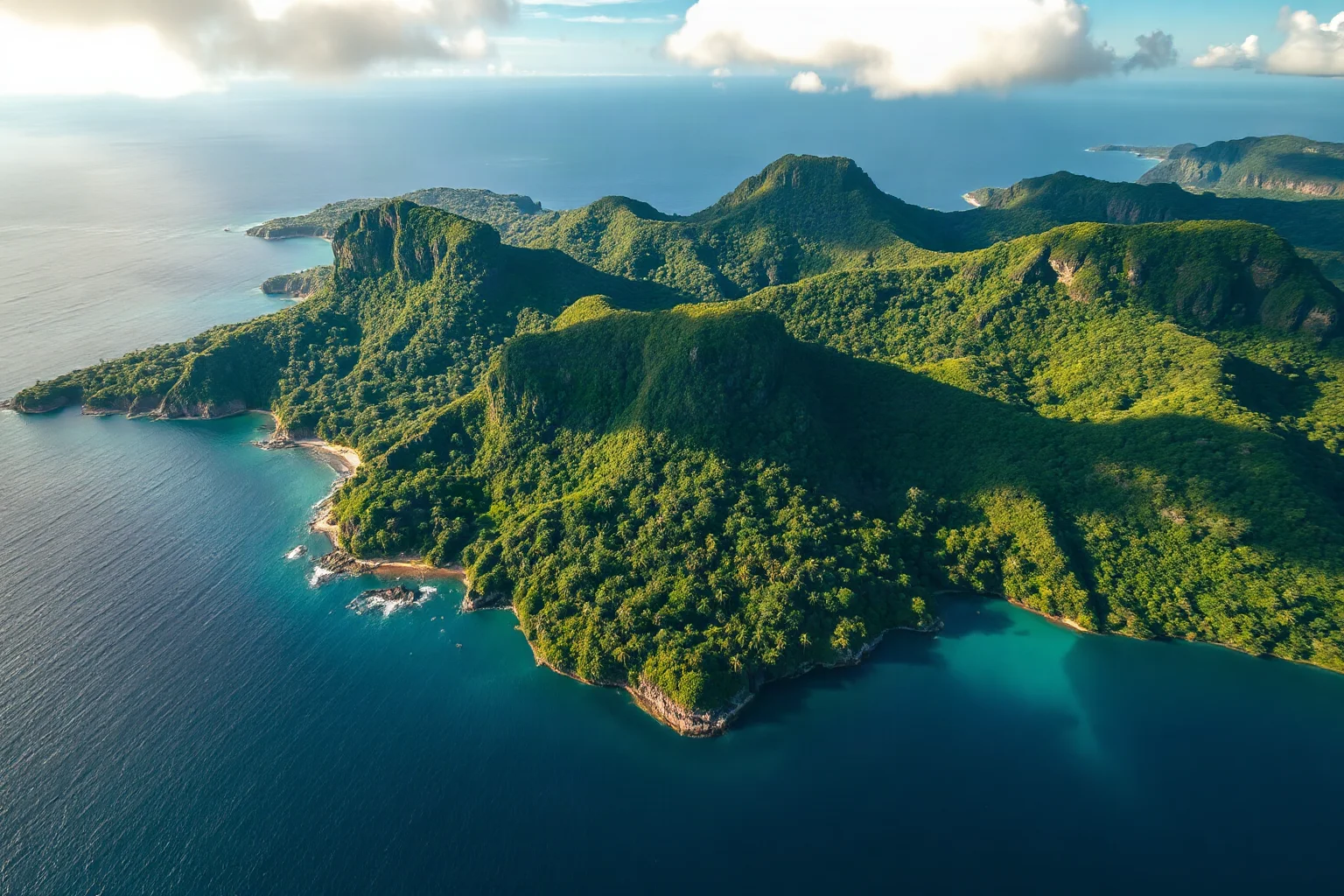 A dense tropical jungle mountain island landscape viewed from above, illustrating a remote Pacific island