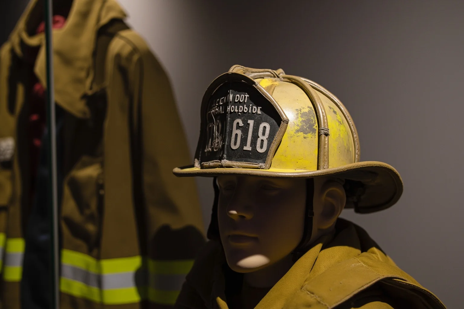 A dented firefighter helmet and turnout jacket displayed solemnly in a glass museum case