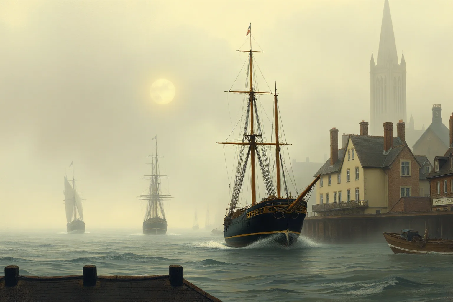 A departing sailing ship pulling away from a foggy English dockside town, melancholic historical illustration