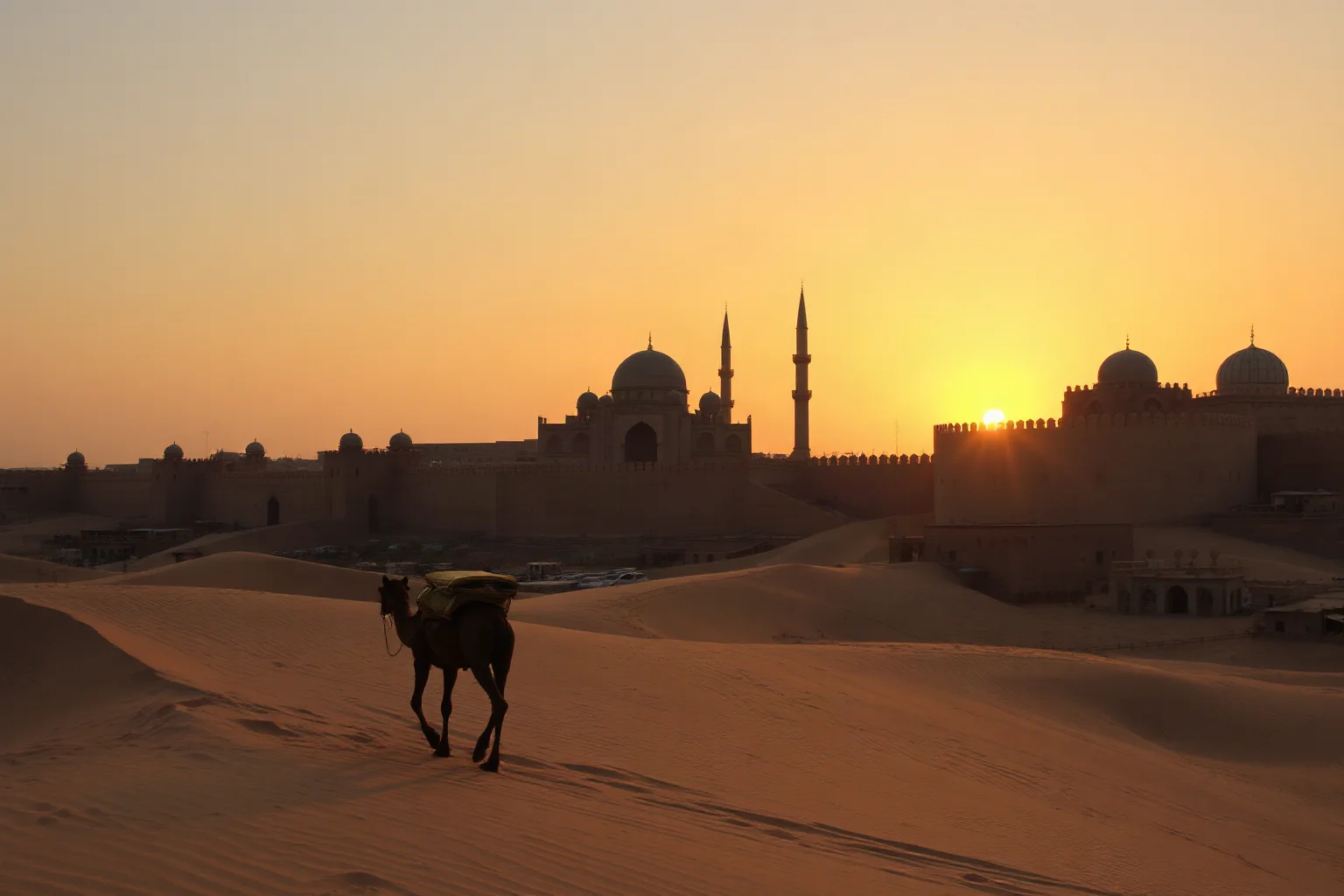 A desert caravan approaching a walled Middle Eastern city with domes and minarets at sunset