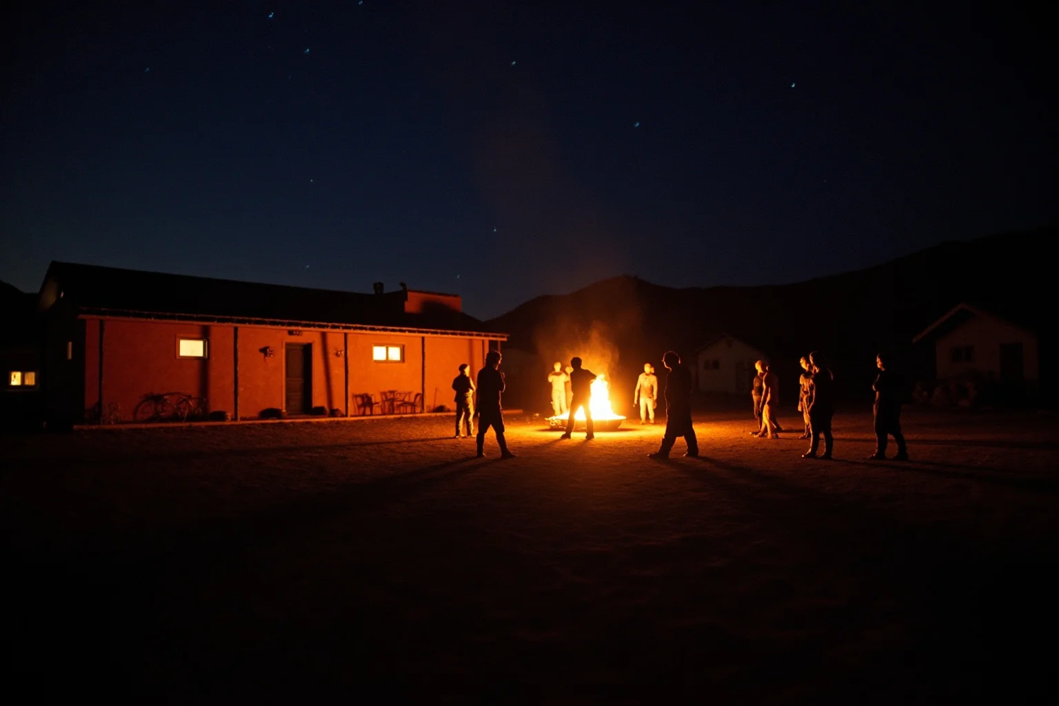 A desert ranch compound with a group of figures gathered around a bonfire at night