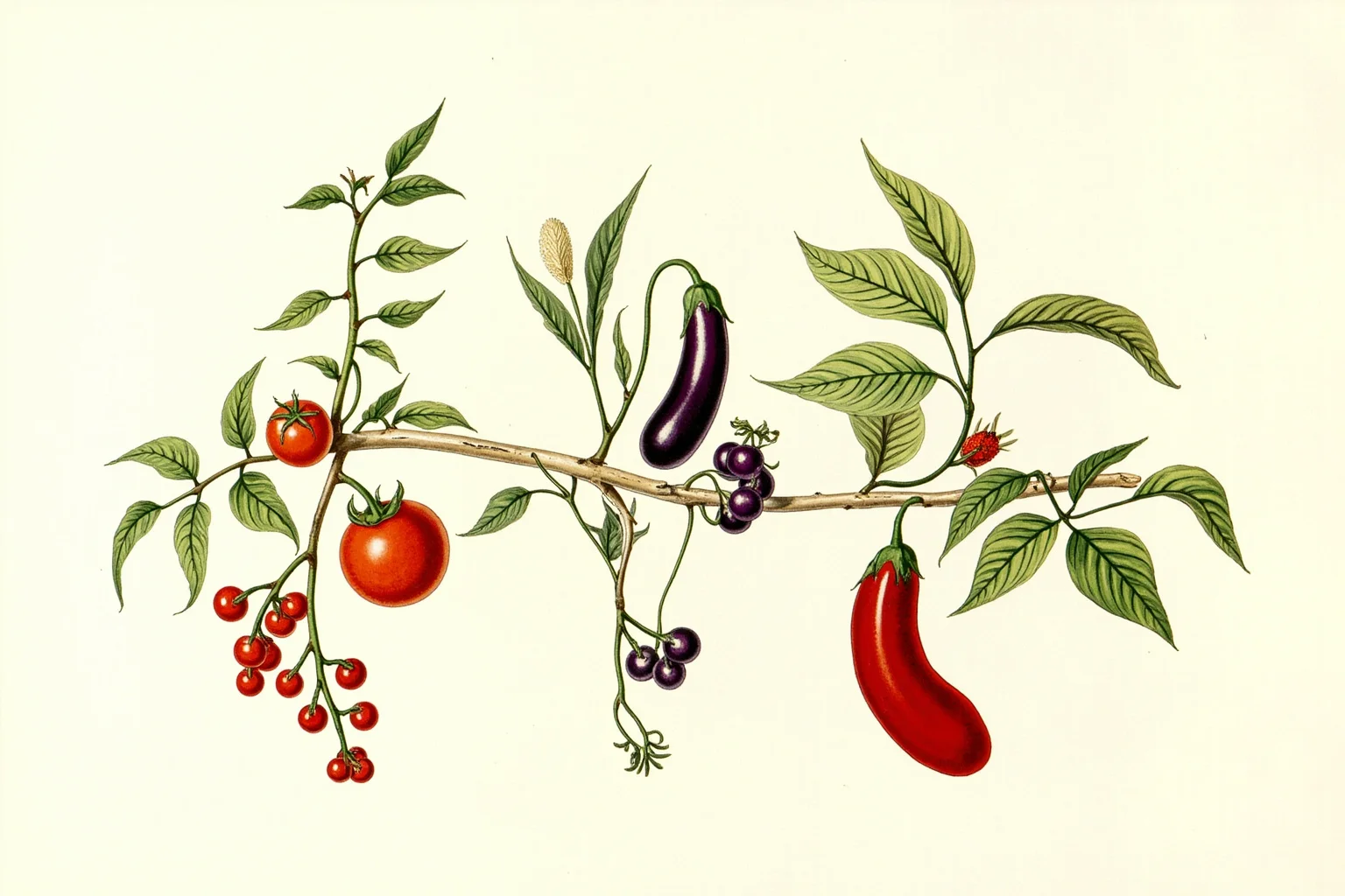 The Strange History Of The Poison Apple 5 A detailed botanical illustration comparing tomato, eggplant, and nightshade berries on a single branch