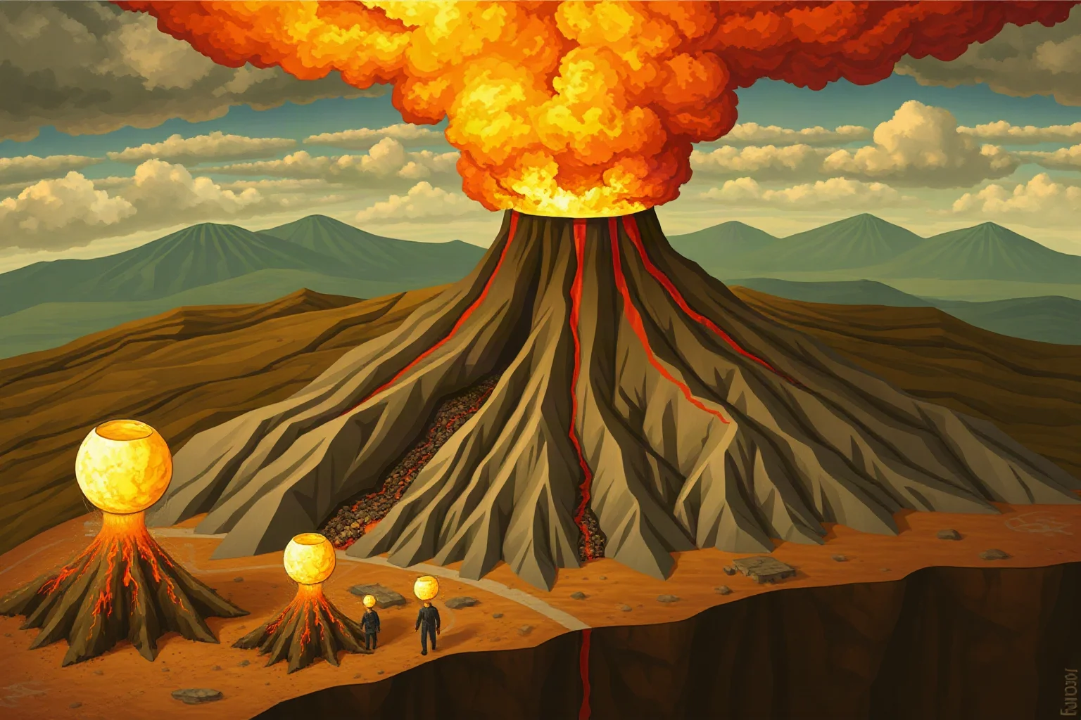 A detailed cutaway diagram-style illustration showing the scale of a colossal volcanic explosion compared to smaller eruptions, historical educational art style