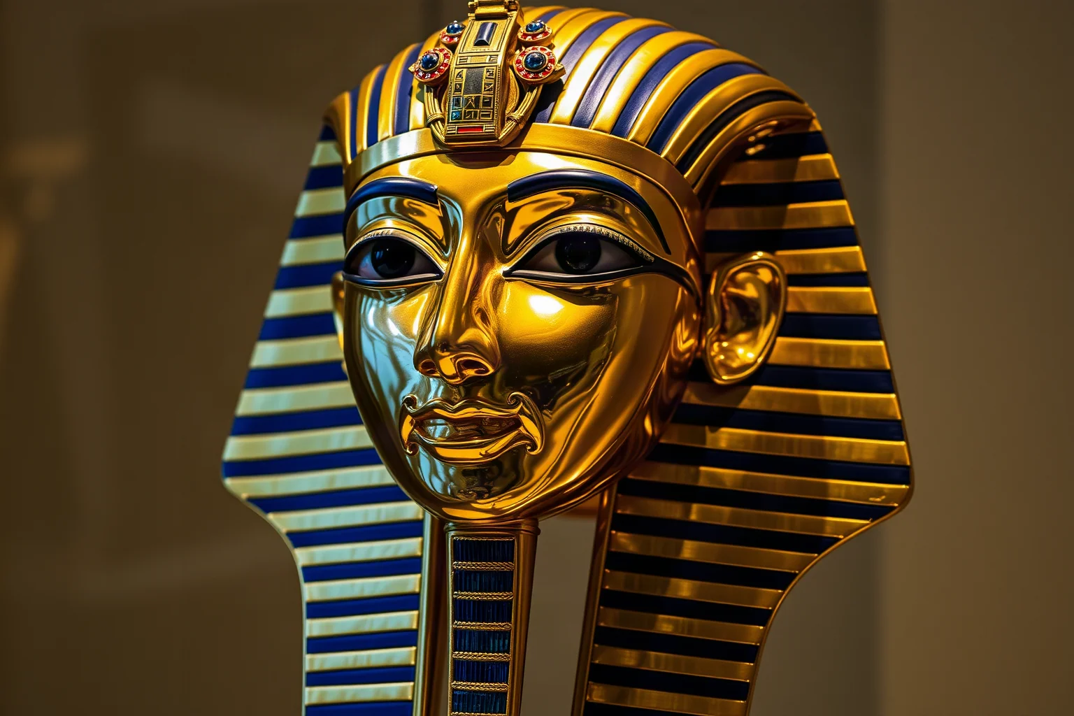 A detailed golden funerary mask with blue and gold stripes and inlaid jewels, museum lighting