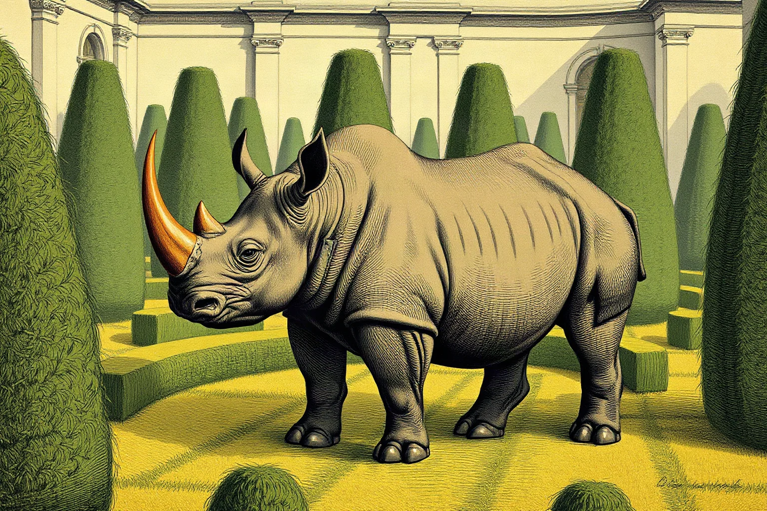 A detailed illustration of a rhinoceros standing in an 18th-century European palace garden with topiary hedges