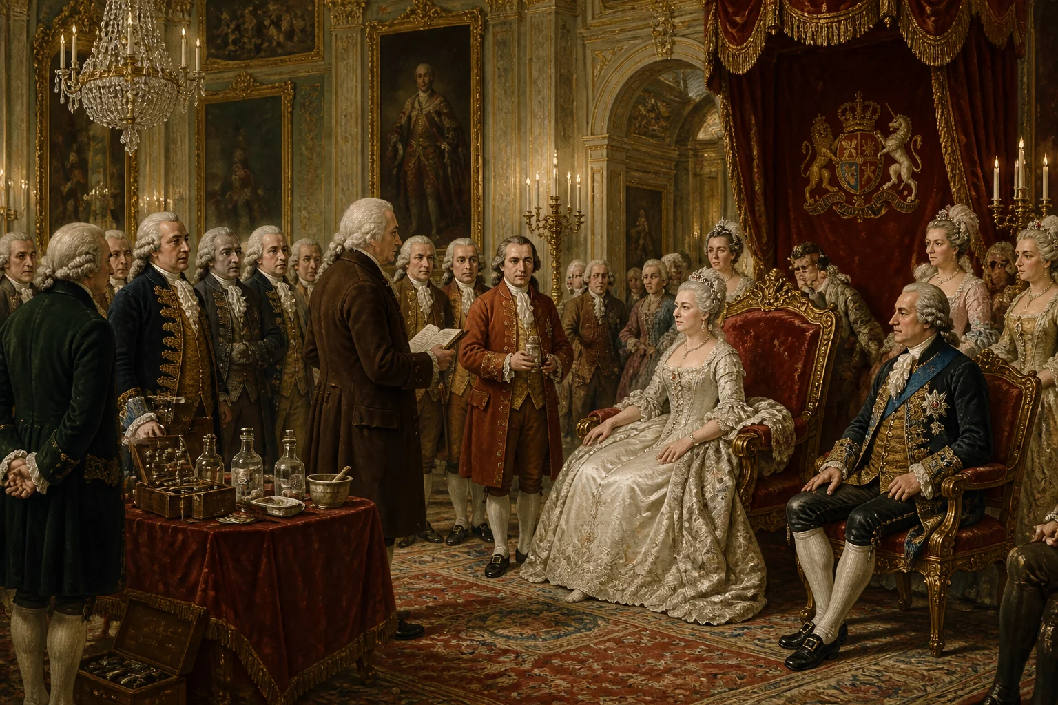 A detailed illustration of an 18th-century British royal court scene, with courtiers and physicians gathered in a grand hall