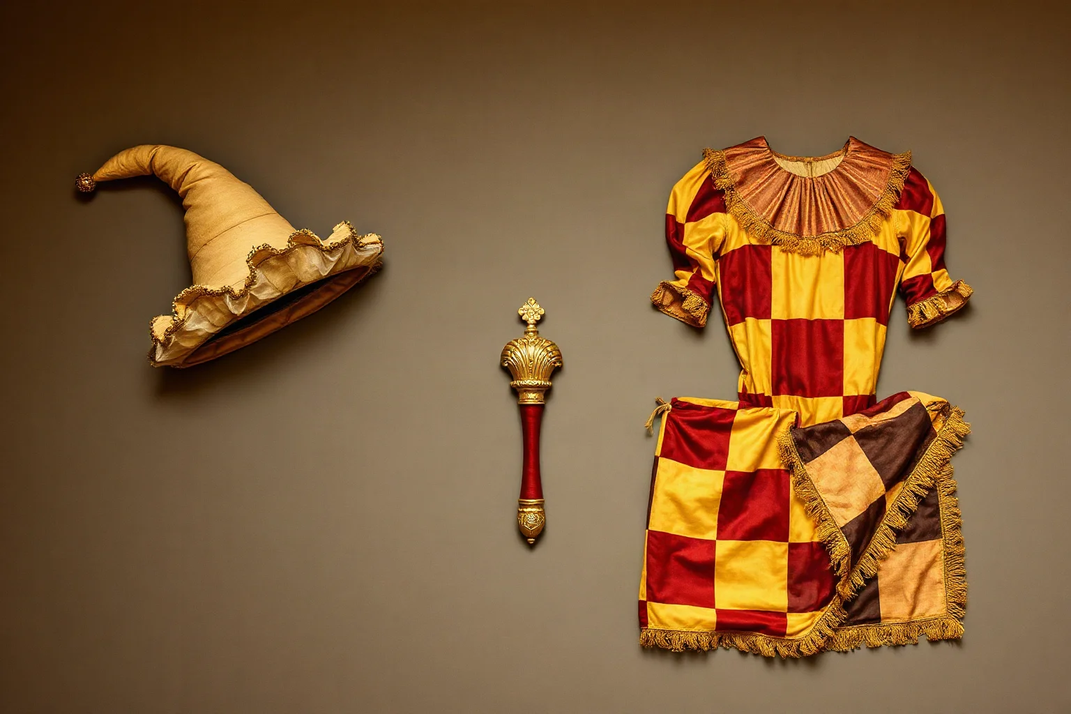 A detailed illustration of classic jester costume elements laid out individually: a belled cap, a marotte scepter, and parti-colored motley fabric, museum-display style