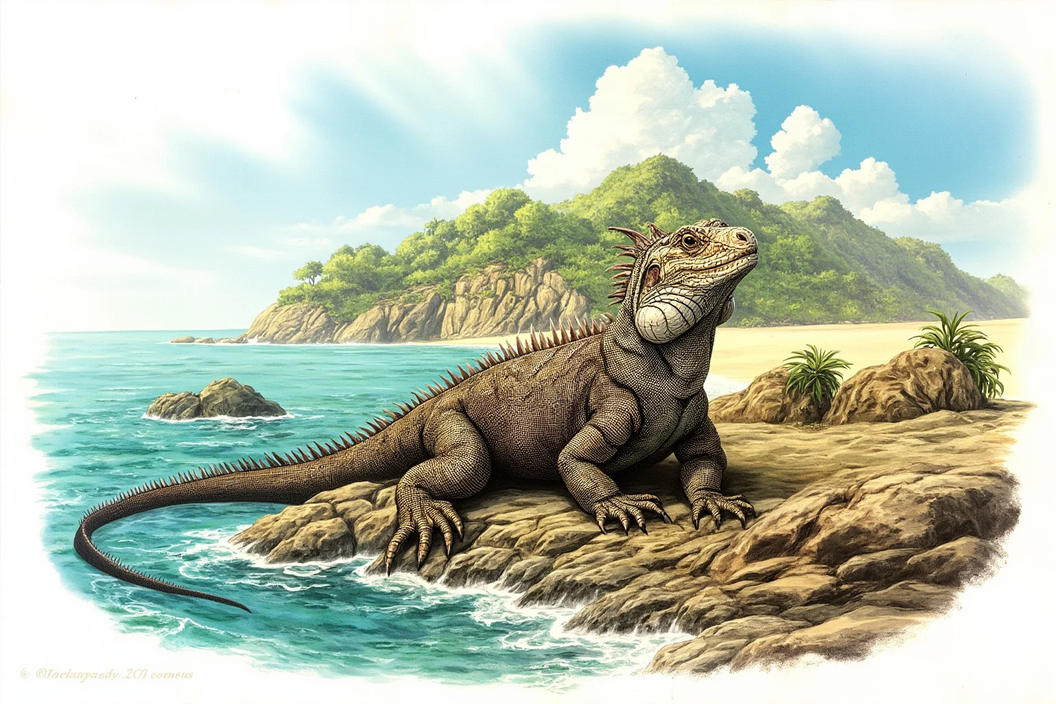 Famous Dragons Throughout History: Myths, Legends, and the Real Stories Behind Them 22 A detailed nature-style illustration of a large monitor lizard basking on a rocky tropical island