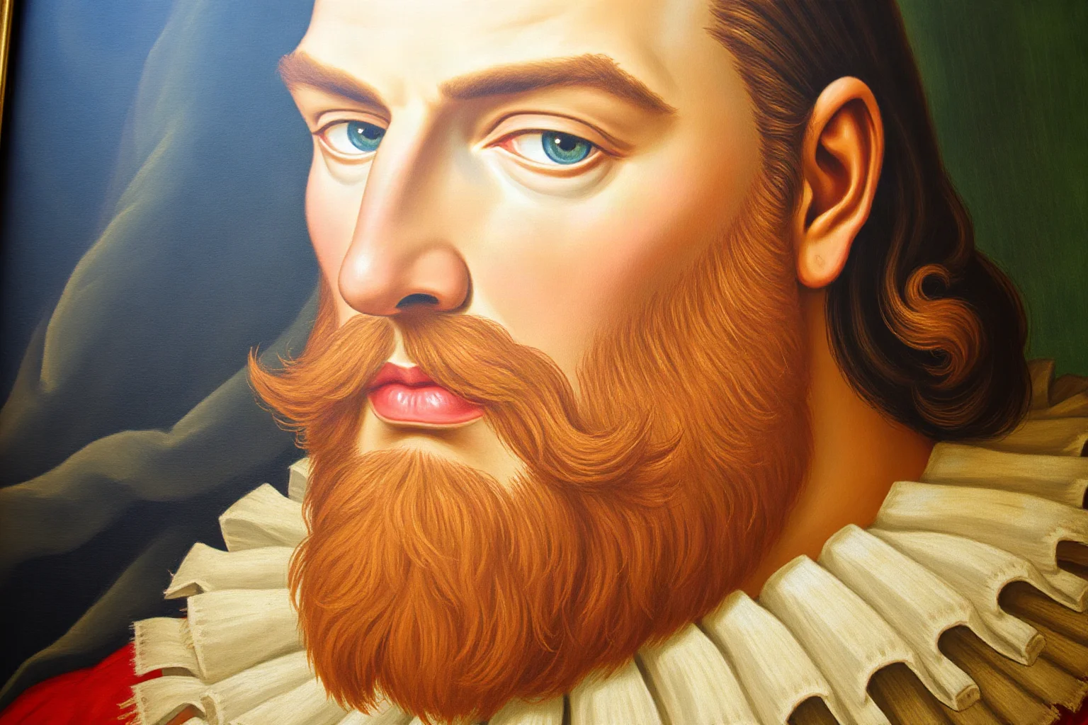 A detailed royal portrait painting emphasizing a strong, pronounced jawline in Renaissance style