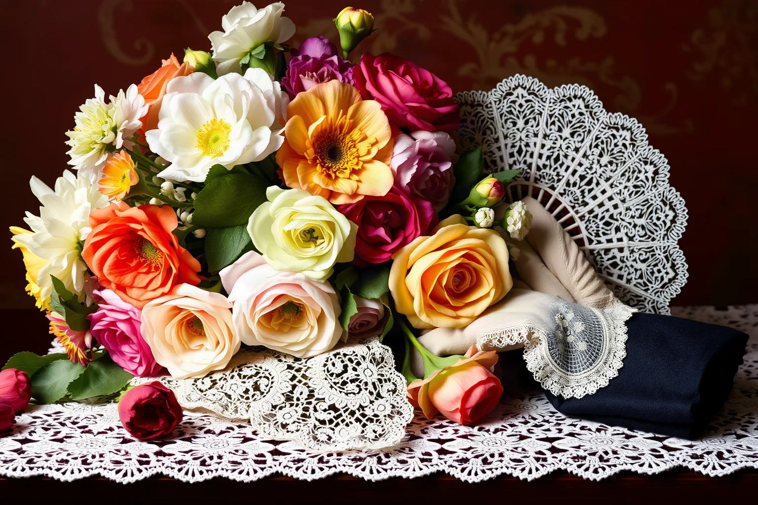 A detailed still life of Victorian flowers, a lace fan, and gloves arranged on a lace tablecloth