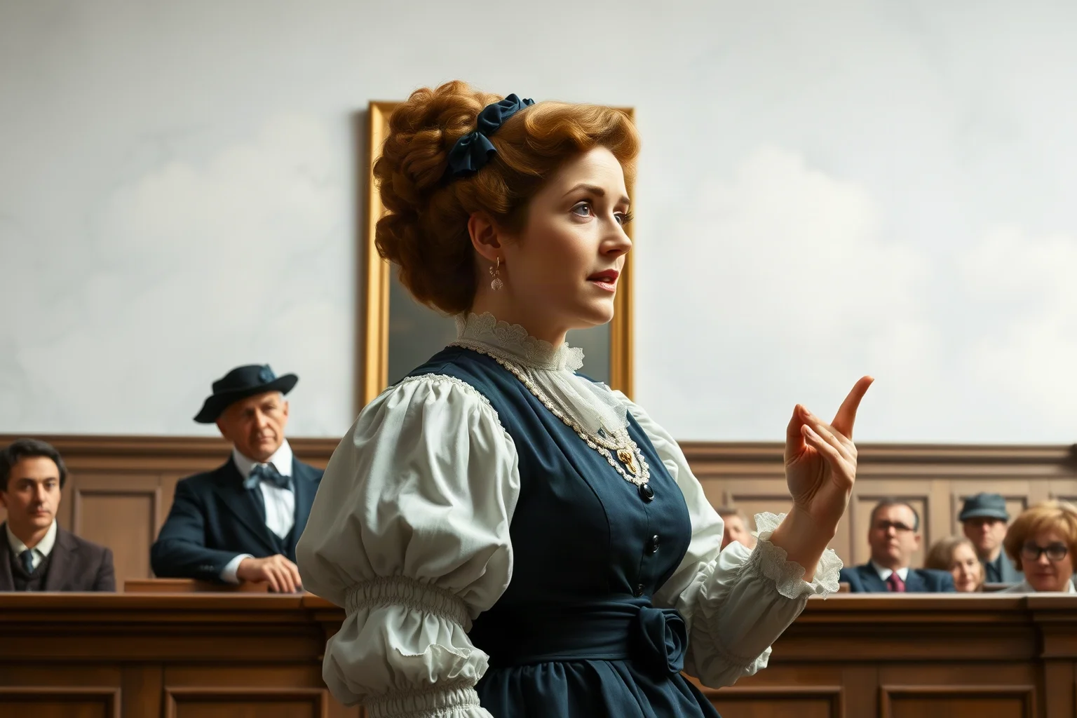 A determined 19th-century woman addressing a courtroom judge and onlookers