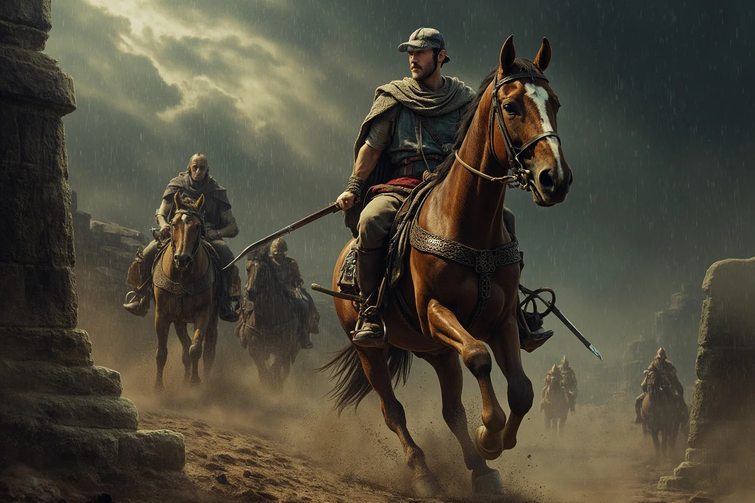 25 Captivating Facts About the Persian Empire 8 A determined ancient courier on horseback riding swiftly through rain and wind between stone relay stations