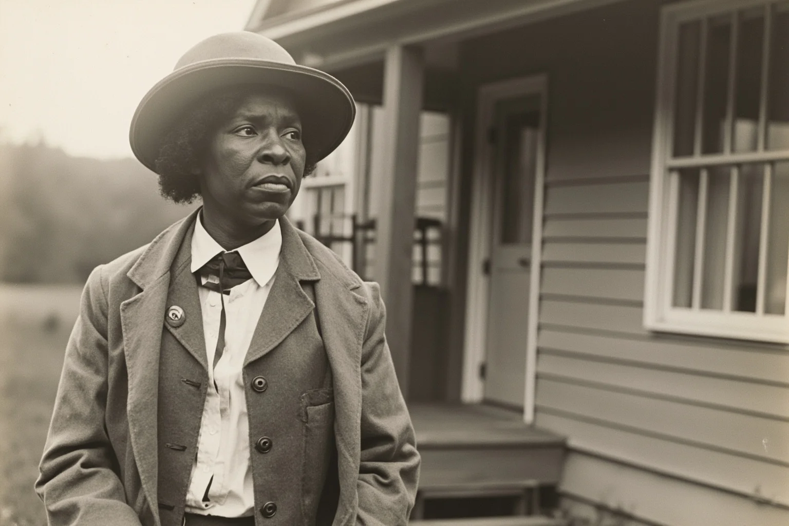 A determined Black educator in early 1900s attire standing before a rural schoolhouse, illustration style