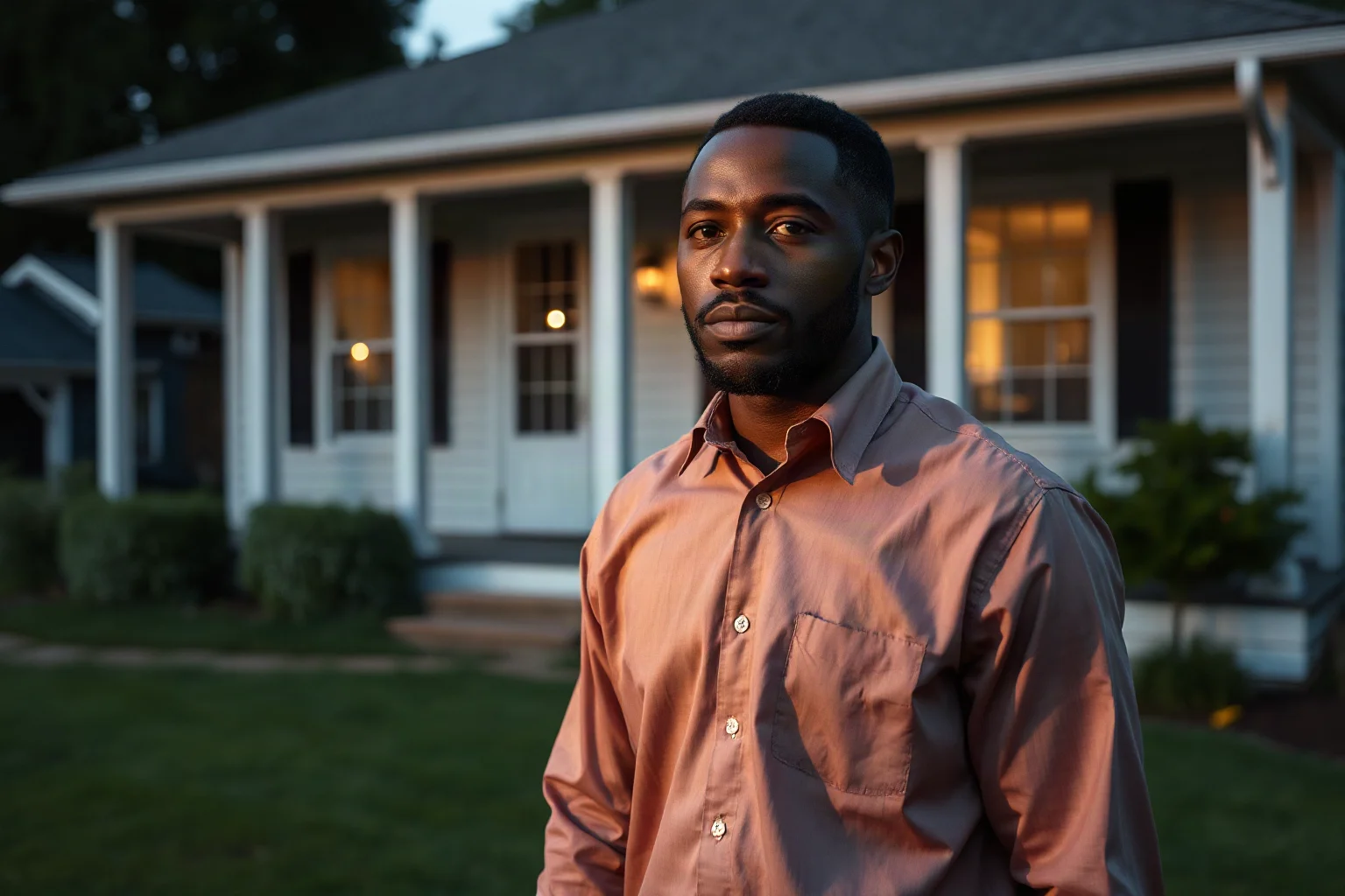 A determined Black man in shirtsleeves standing in front of a modest Southern house at dusk