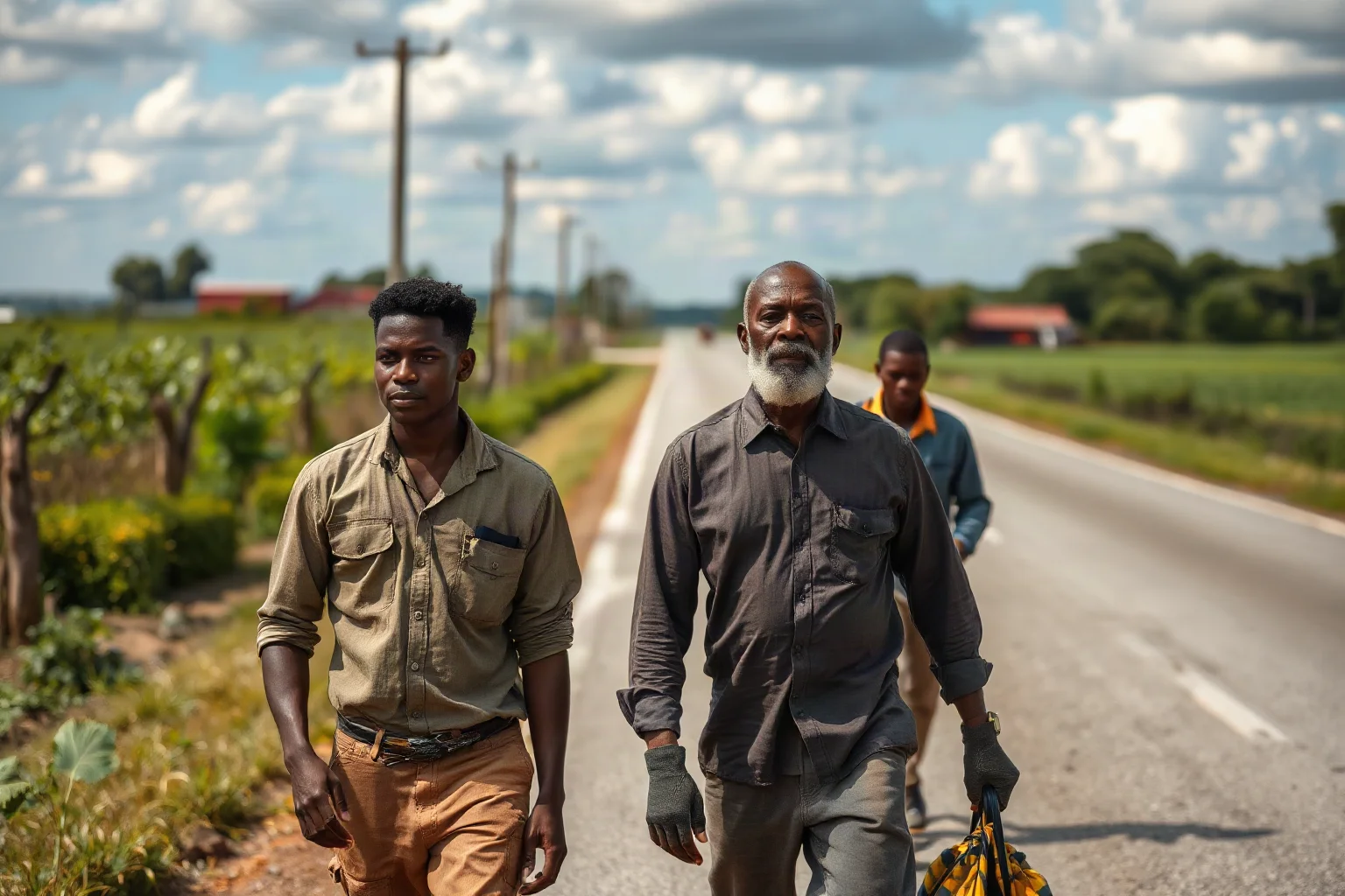 A determined Black man in work clothes walking along a rural Southern highway with a small group