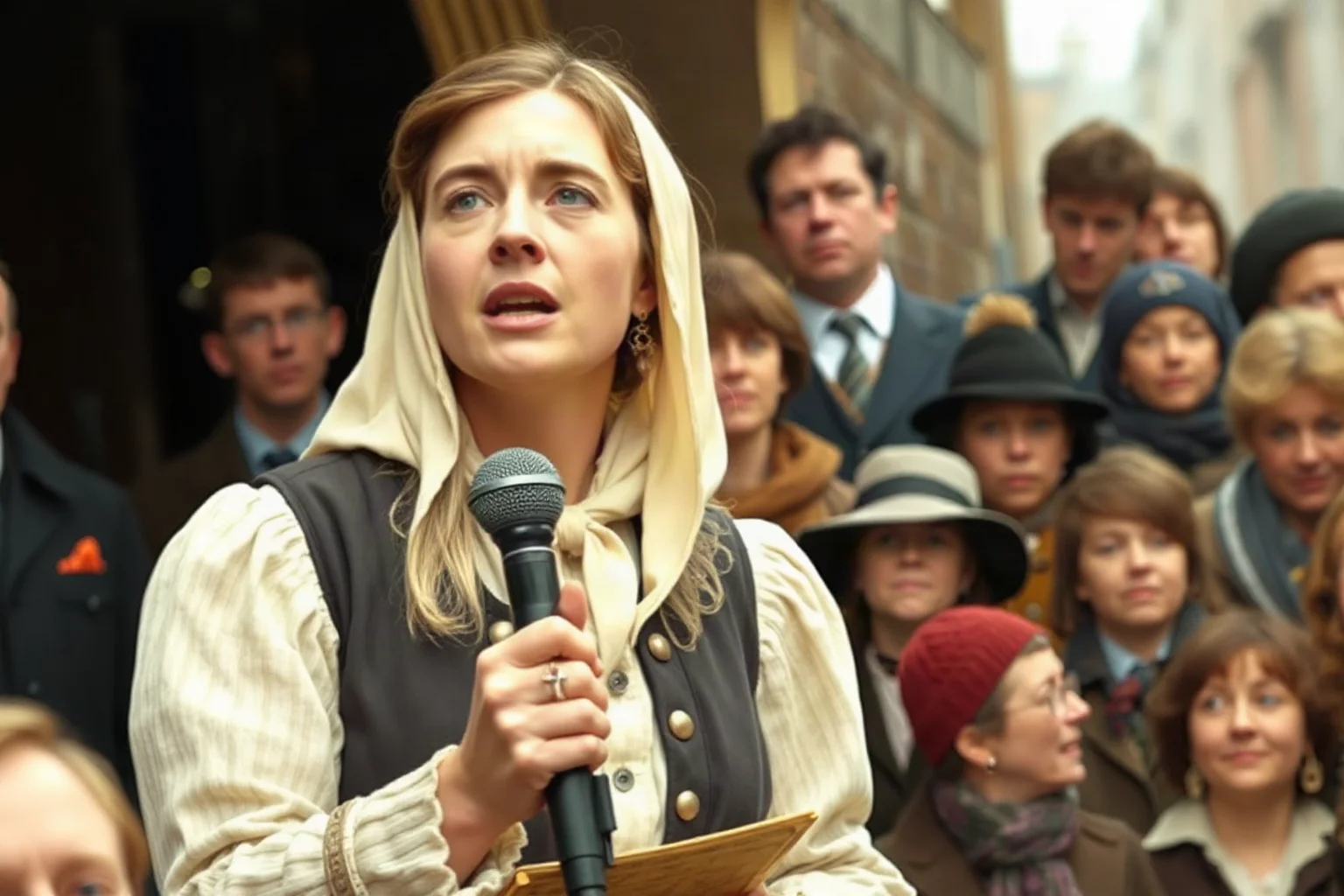 A determined early-20th-century Irish woman in period dress addressing a small crowd, artistic rendering