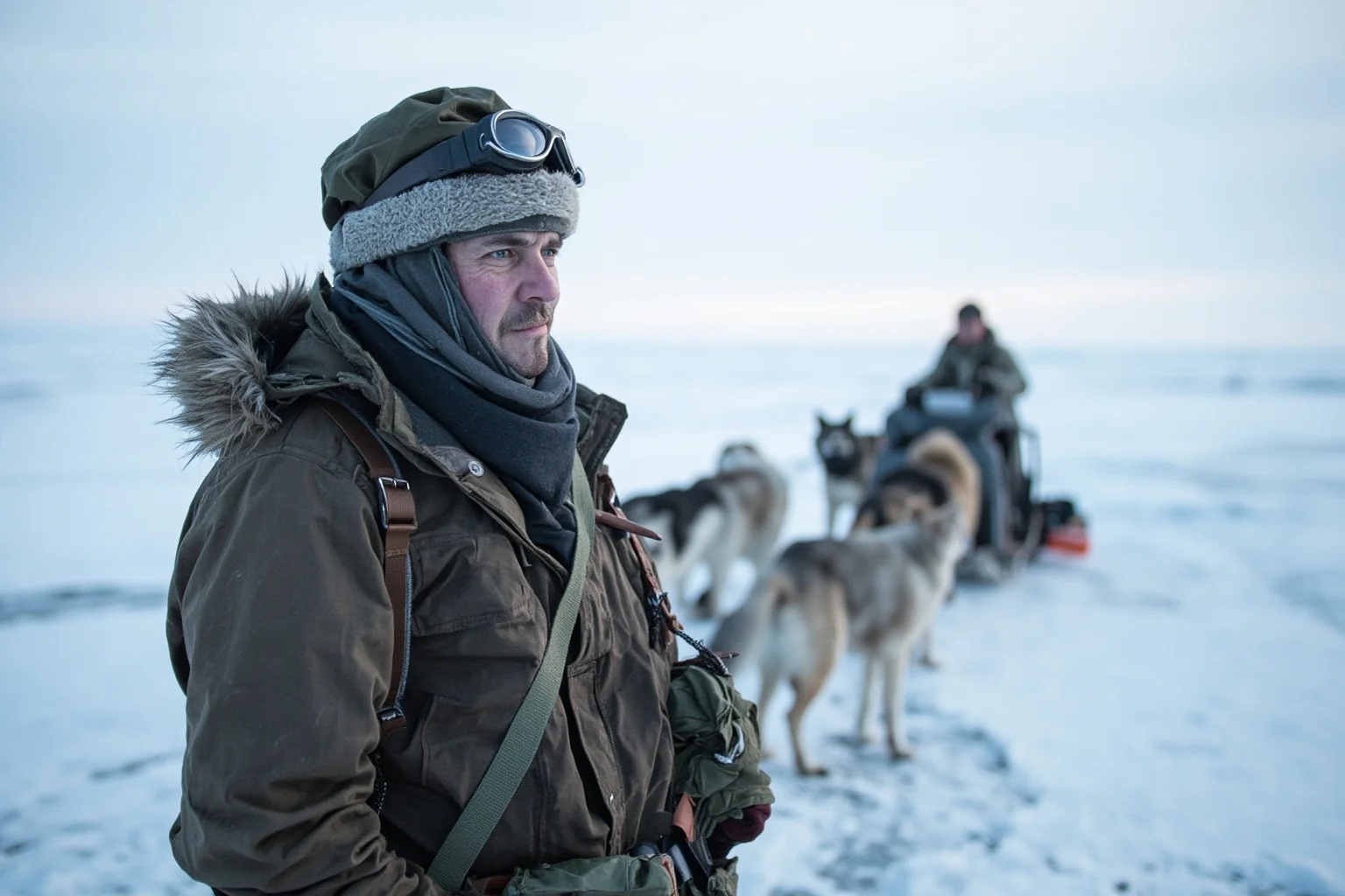 A determined explorer in vintage expedition gear standing beside a dog sled team on Arctic ice, looking toward the horizon