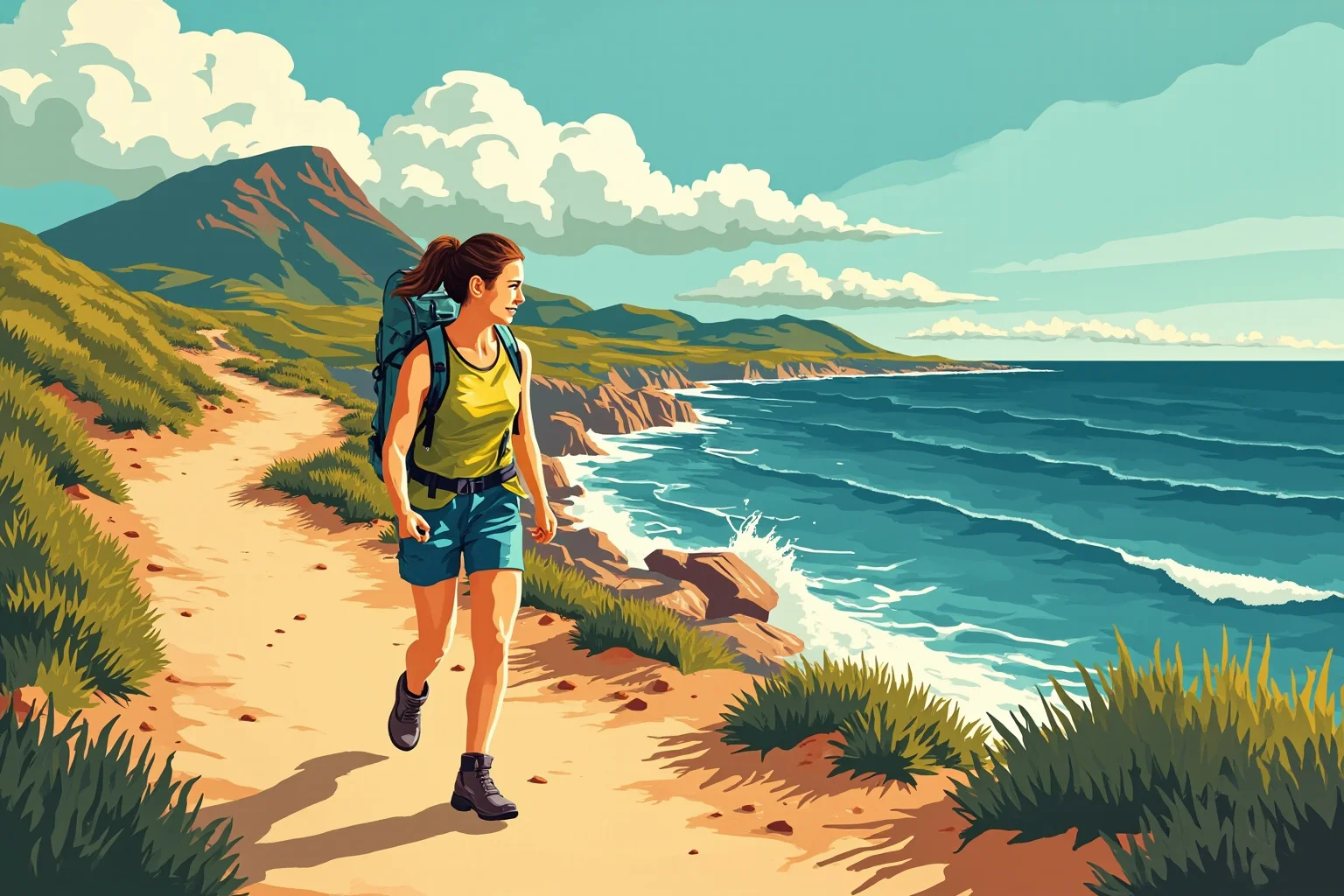 Longest Journeys Ever Undertaken On Foot 10 A determined female hiker walking along a coastal road with a small pack, bright illustrative travel poster style