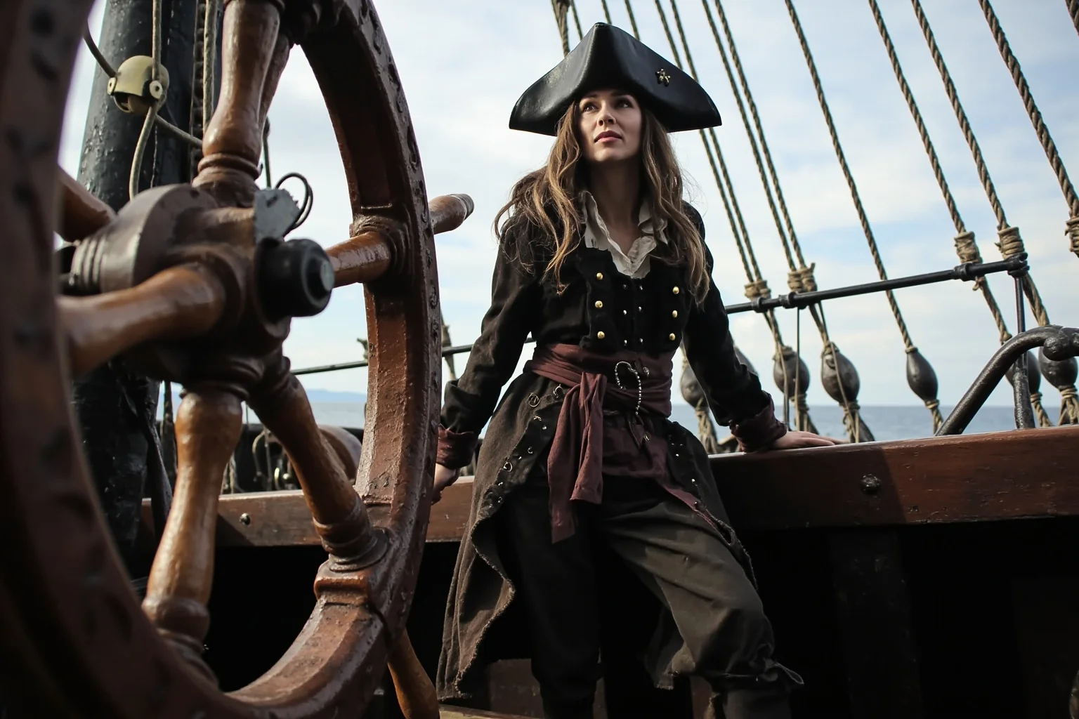 A determined female pirate captain in period clothing standing at the helm of a sailing ship