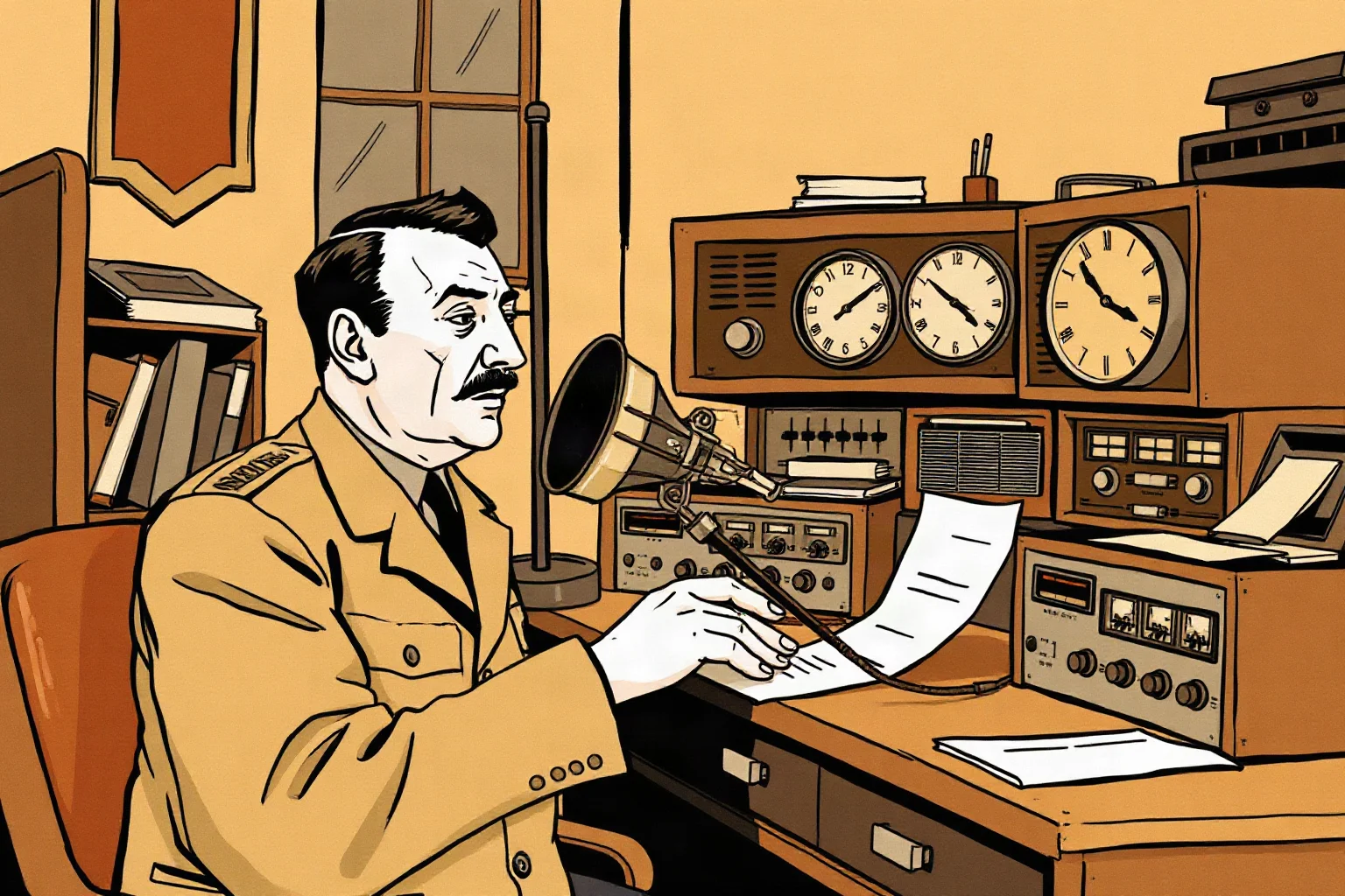 A determined French wartime leader broadcasting from an exile radio studio, illustrative style, generic figure