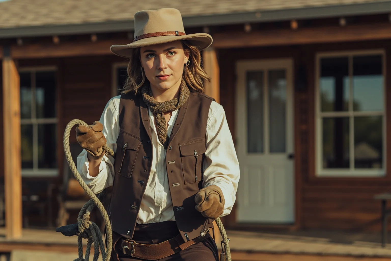 A determined frontier woman standing in front of a ranch house, holding gloves and a lasso