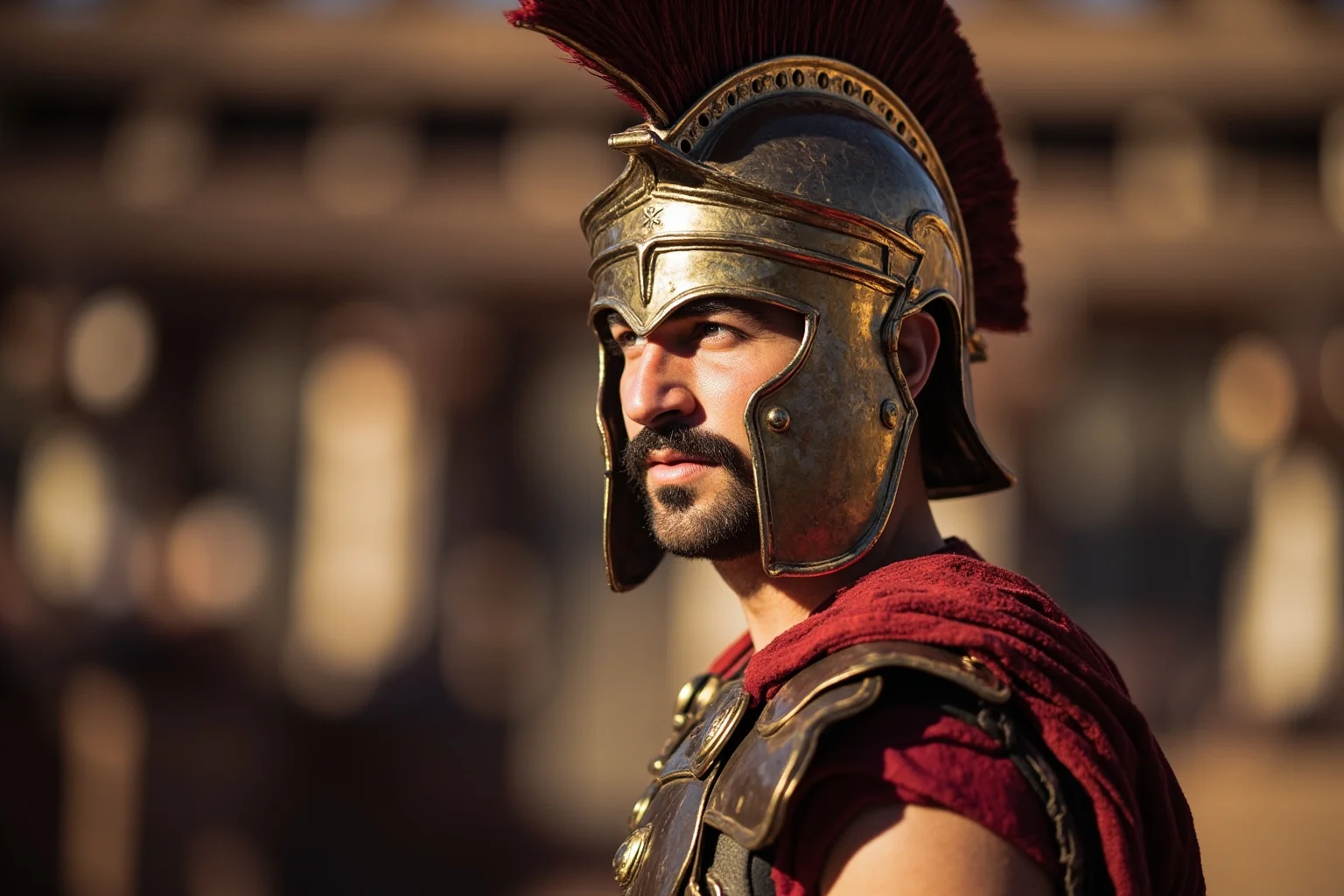 A determined-looking Roman citizen volunteer gladiator suiting up in armor before combat