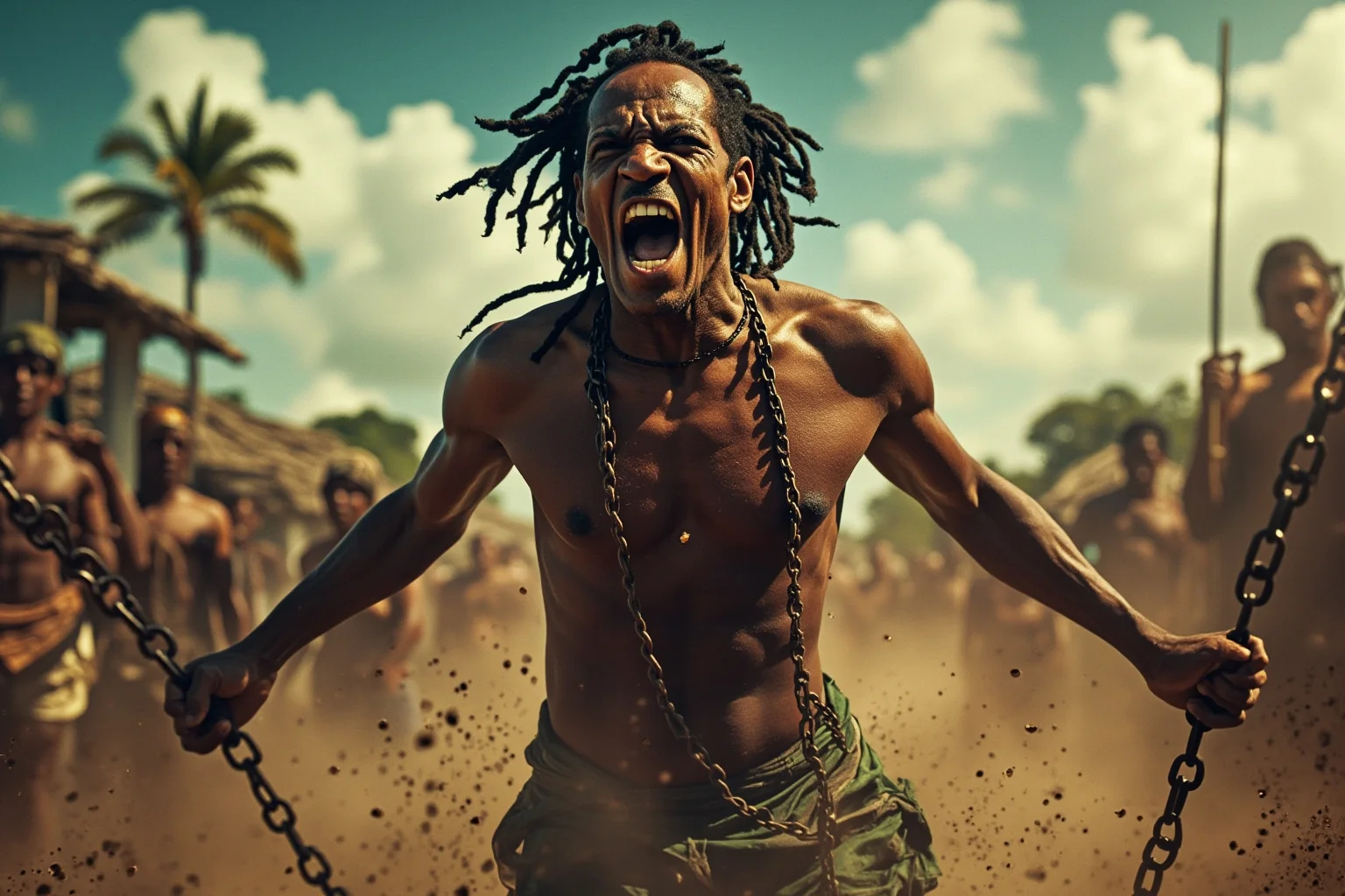 Great Leaders Who Rose From Obscurity 11 A determined man breaking free of plantation-era chains against a Caribbean colonial backdrop, respectful symbolic illustration