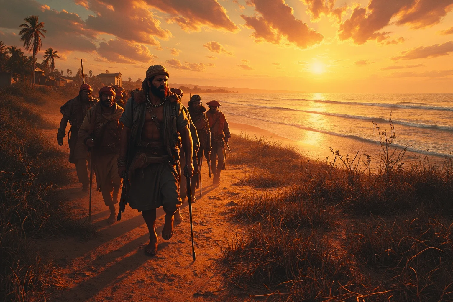A determined man leading a group of settlers toward a coastal West African settlement at sunrise, historical illustration