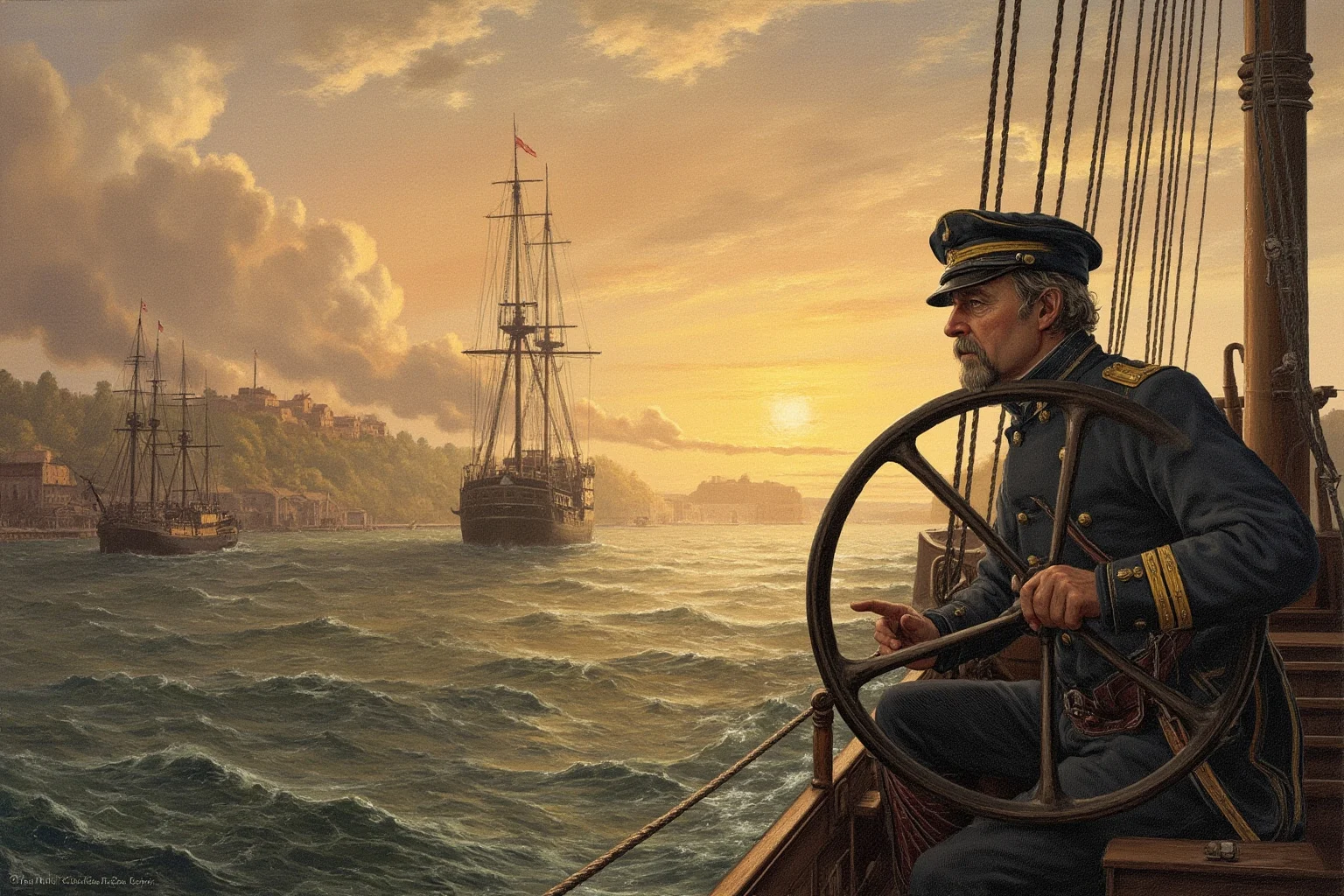 A determined ship pilot steering a steamship past a fortified harbor at dawn, Civil War era, historical illustration