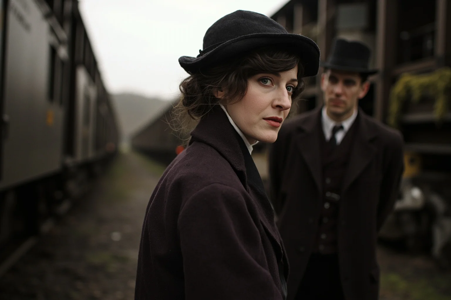 Legendary Cases Involving the Pinkerton Detective Agency 4 A determined Victorian-era woman detective in period dress standing near a train, illustrating early undercover work