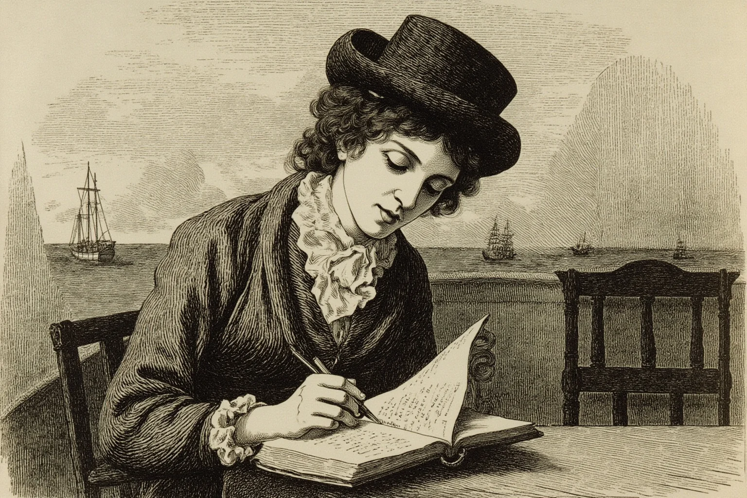 Most Interesting People in History: 22 Figures Who Shaped the World 13 A determined Victorian female journalist writing in a notebook aboard a steamship deck, historical illustration style