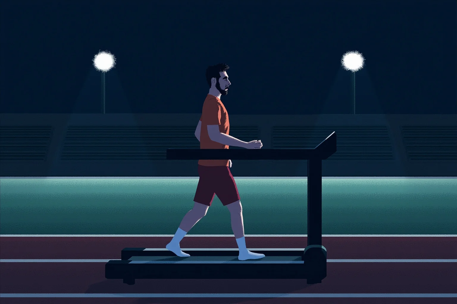 Longest Journeys Ever Undertaken On Foot 22 A determined walker mid-stride on a treadmill or track at night under stadium lights, minimalist illustration style