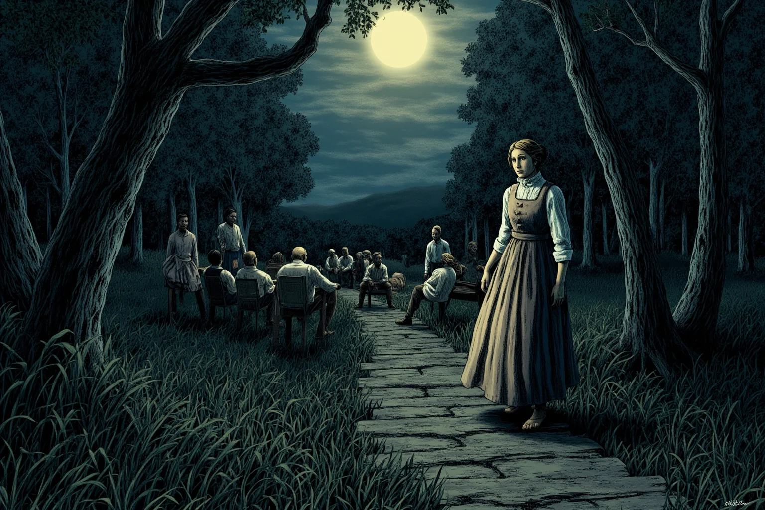 Great Leaders Who Rose From Obscurity 16 A determined woman guiding a small group through a moonlit forest path, Underground Railroad era, illustration style