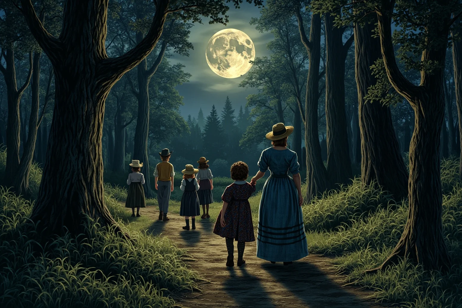 A determined woman in 1850s clothing leading a small group through a moonlit forest path, illustration style