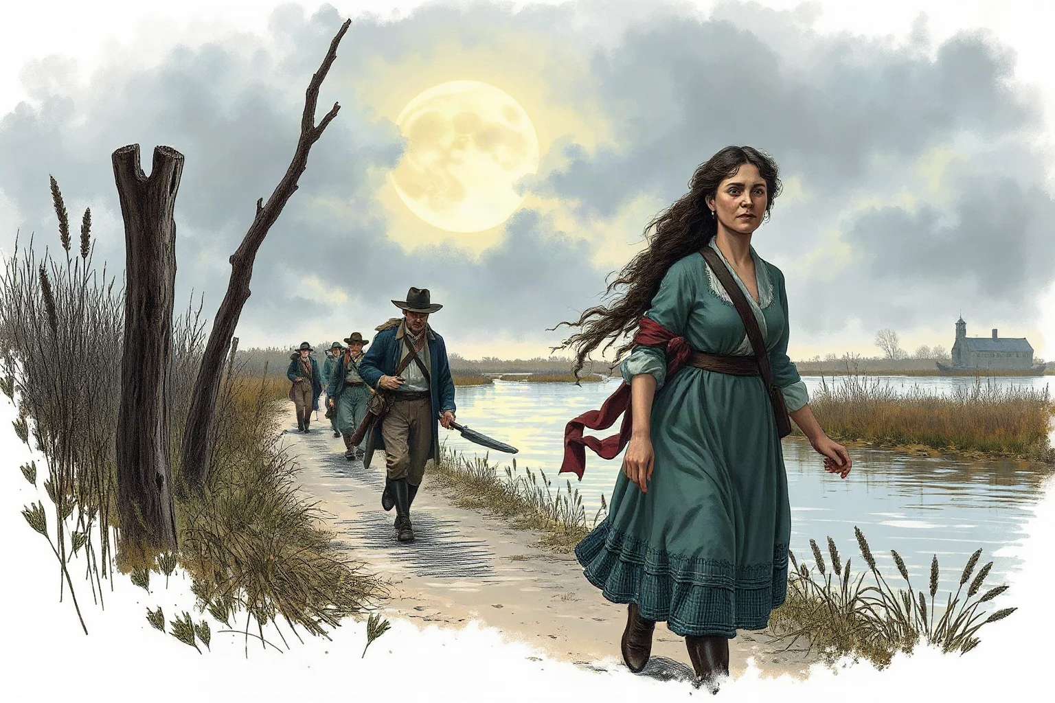 A determined woman in Civil War-era clothing leading a group of people through a moonlit riverside marsh, historical illustration