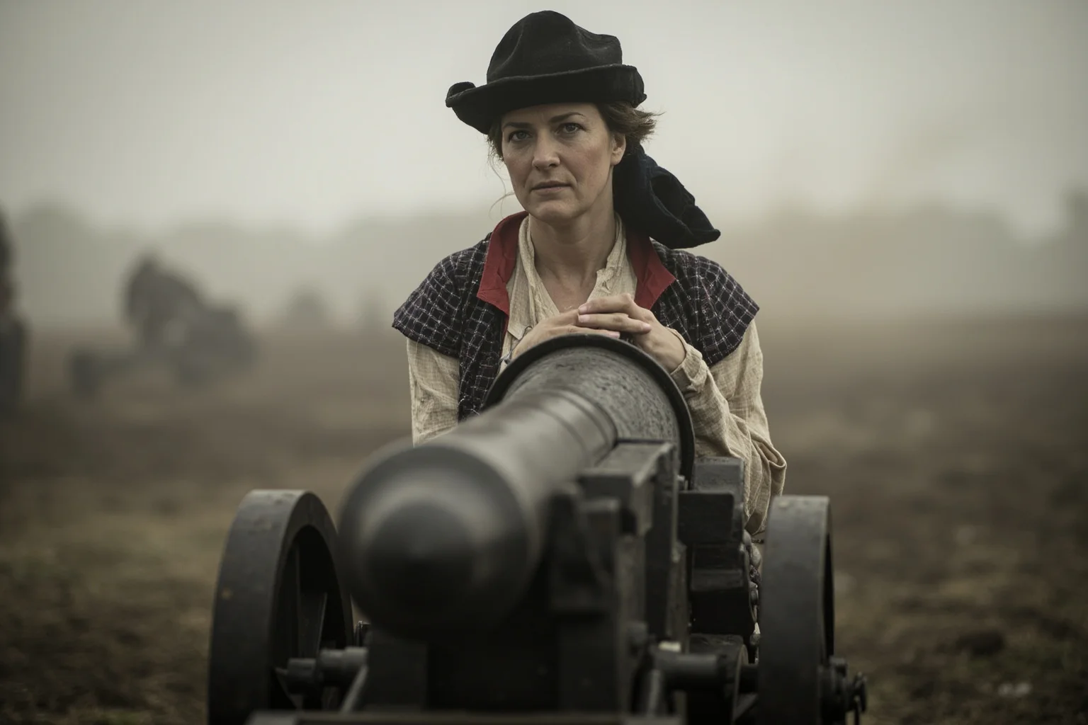 A determined woman in colonial dress loading a cannon on a smoky battlefield