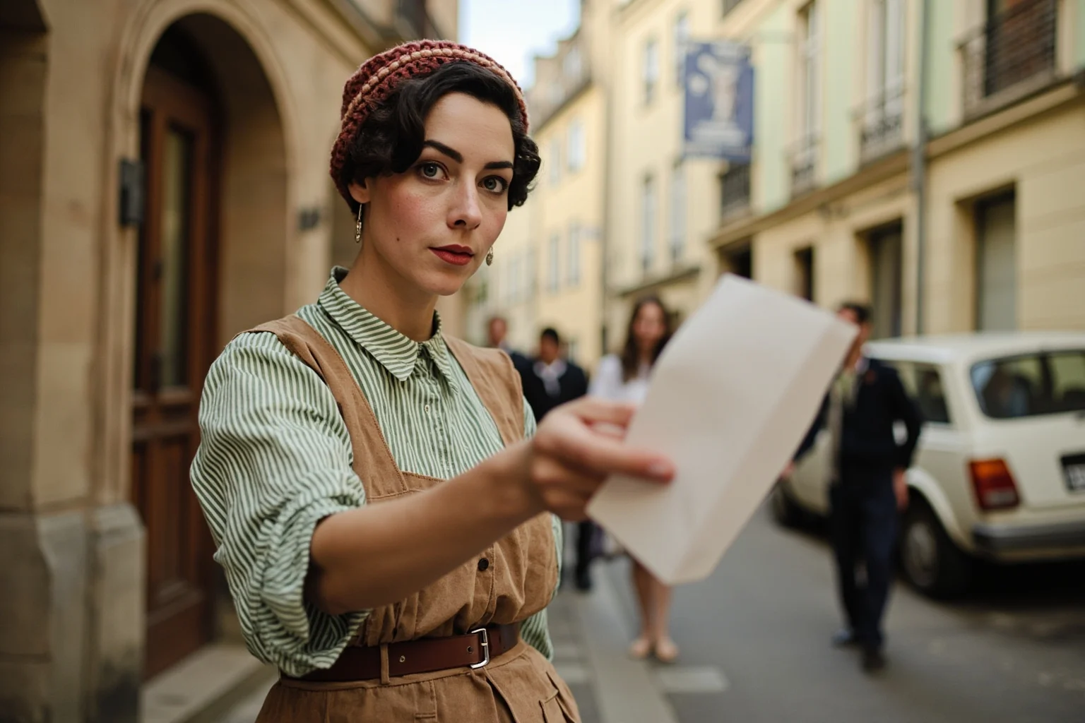 A determined woman in early 1900s clothing passing a folded note in a French village street, illustrated style